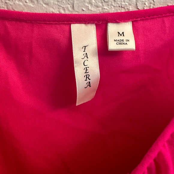 Fuchsia Off the Shoulder Dress with Spaghetti Strap and Sheer Layer - Picture 5 of 8